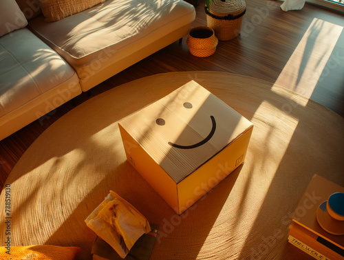 a newly delivered cardboard package with an emoji-style smiley face, on the floor of a sunny, backlit furnished living room, seen from above