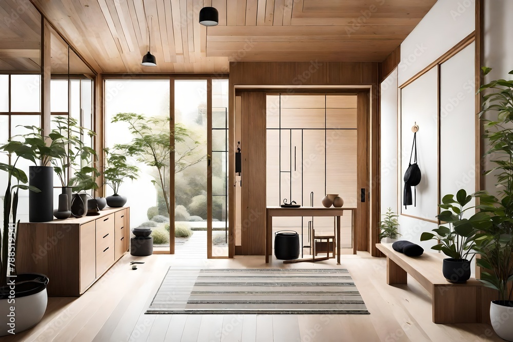 an entryway with a fusion of Japanese and Scandinavian elements, featuring practical elegance, simplicity, and a welcoming atmosphere. an entryway with a fusion of Japanese and Scandinavian elements, featuring practical elegance, simplicity, and a welcoming atmosphere.