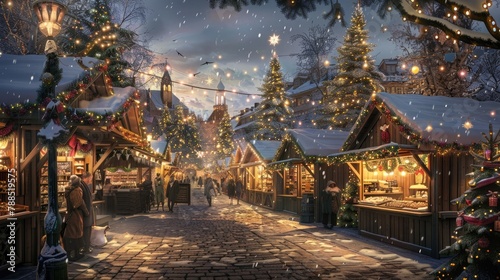 A picturesque holiday market scene, with rows of wooden stalls adorned with twinkling lights and festive decorations, offering an array of handcrafted gifts, seasonal treats, and warm beverages to del photo