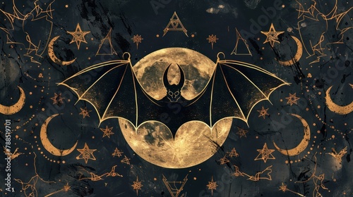 Bat occult print with seven pointed star and moon shapes on background AI generated photo