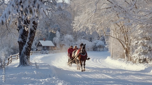 A picturesque holiday sleigh ride through a snowy countryside, with a horse-drawn sleigh gliding past frosted trees and quaint farmhouses, offering passengers a serene and enchanting journey through a