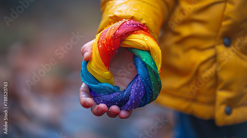 Advocating for neurodiversity, a kid's hand grips the autism infinity rainbow symbol with pride.