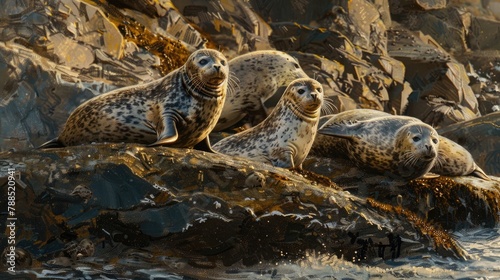 A playful family of seals, lounging on a rocky shoreline as they bask in the warm glow of the afternoon sun. photo