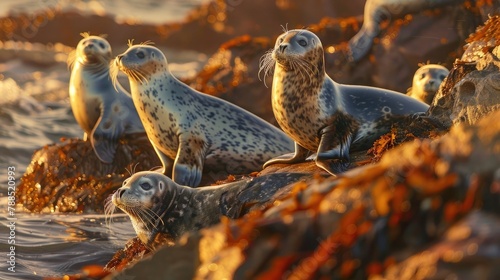 A playful family of seals, lounging on a rocky shoreline as they bask in the warm glow of the afternoon sun. photo