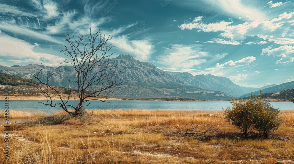 desert landscape of a lake with dry trees surrounded by mountains on a sunny day in high resolution and quality HD desert landscape of a lake with dry trees surrounded by mountains on a sunny day in high resolution and quality HD