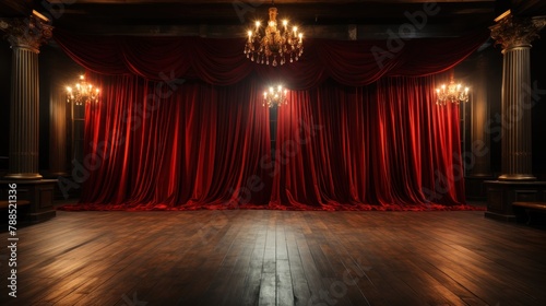 Red theater curtain with spotlights and wooden floor background