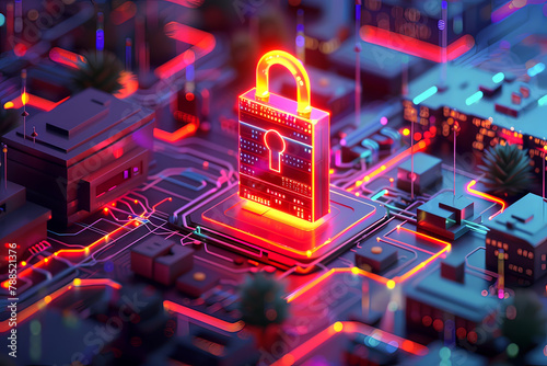 A digital illustration showcasing a school campus secured by a vibrant, holographic lock, embodying the fusion of education and advanced cybersecurity