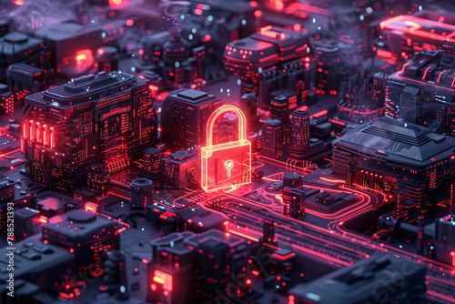 A digital cityscape pulsates with life, centered around a glowing red lock symbolizing robust cybersecurity in an urban tech hub