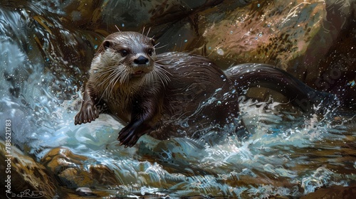 A playful otter, frolicking in the cool waters of a mountain stream with boundless energy and enthusiasm. © Haseeb