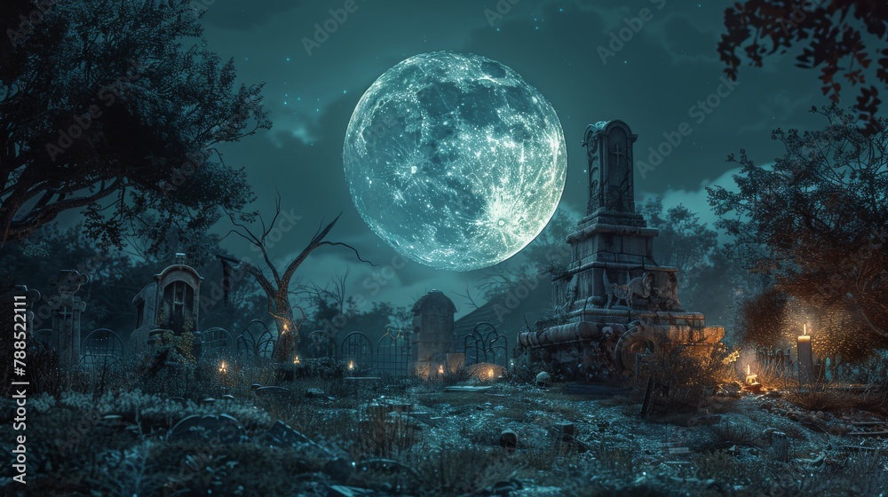 A full moon rises over a spooky graveyard.