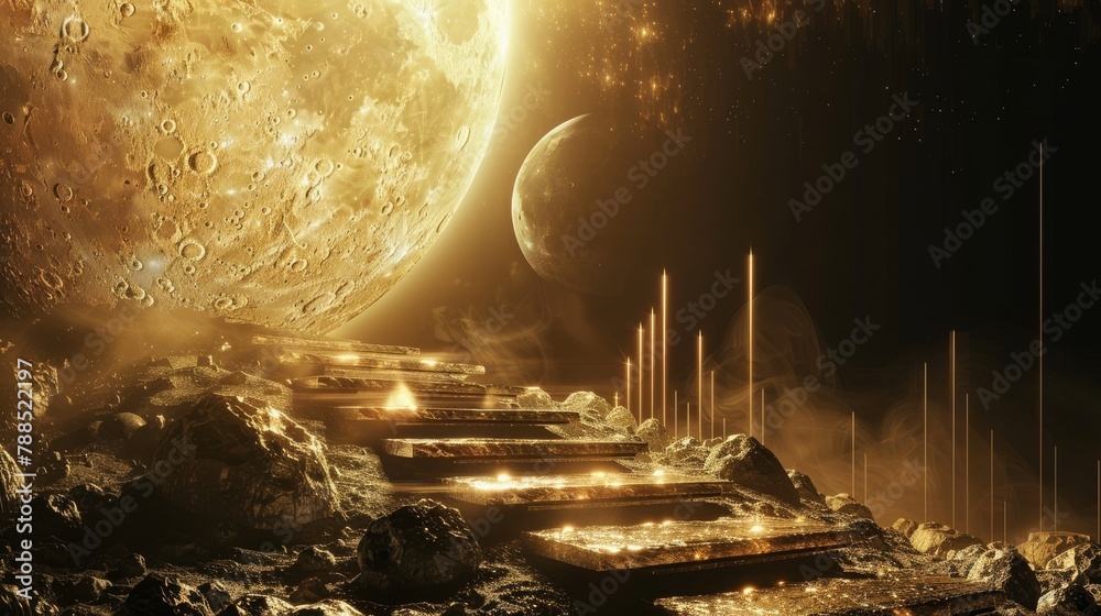 Obraz premium A golden staircase leads up to a glowing moon.