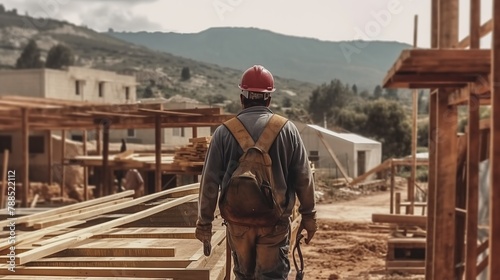 Builder carries a steel beam on his shoulder Generative AI
