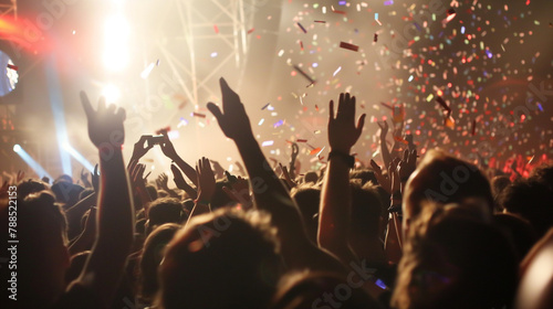A crowd with raised hands amidst confetti at a concert.