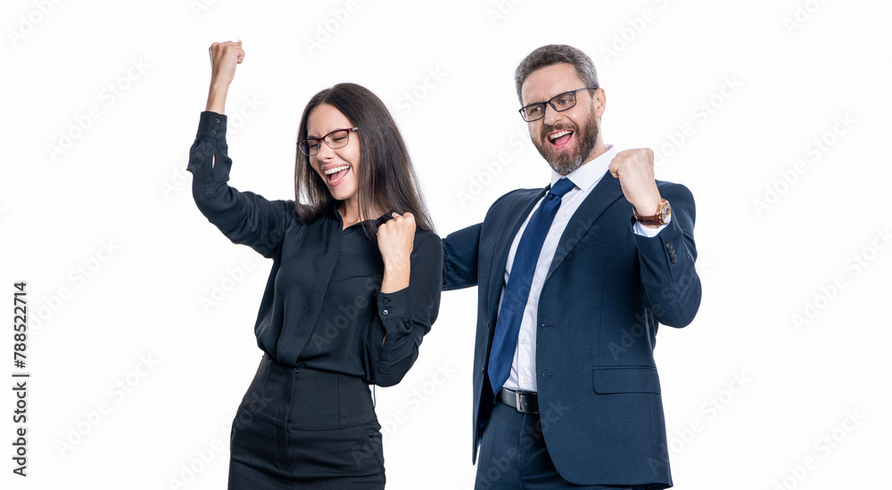 Business success celebration and fun. Business success. Two businesspeople on business successful meeting isolated on white. Successful business woman man in suit having fun. Achieving success Business success celebration and fun. Business success. Two businesspeople on business successful meeting isolated on white. Successful business woman man in suit having fun. Achieving success