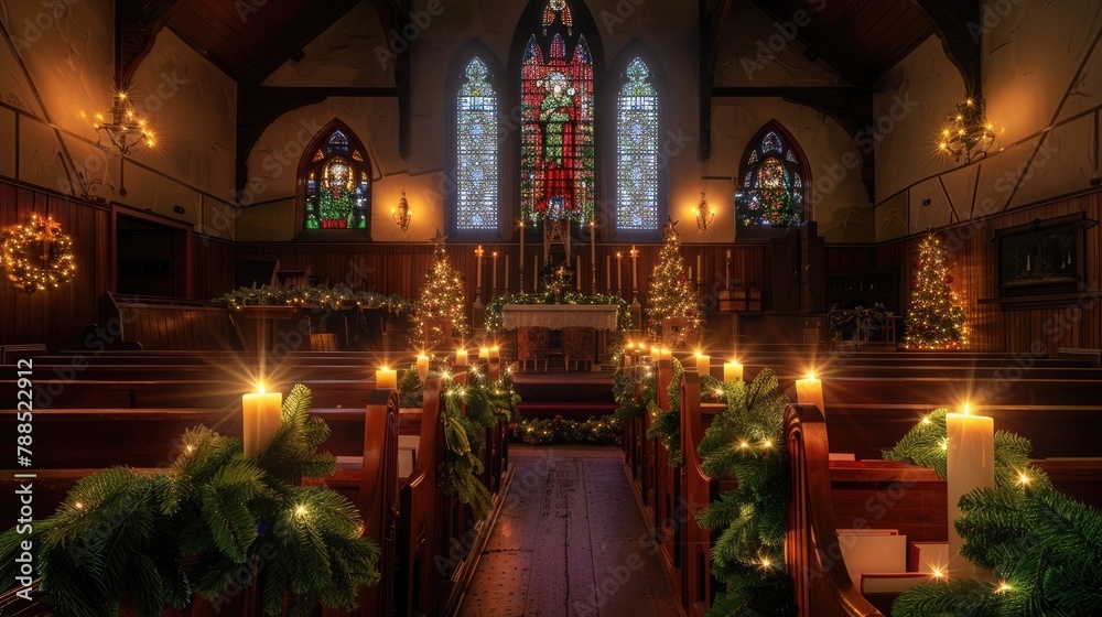 A serene candlelit church scene, with stained glass windows casting colorful patterns of light on wooden pews adorned with festive greenery, offering a tranquil setting for holiday worship and reflect