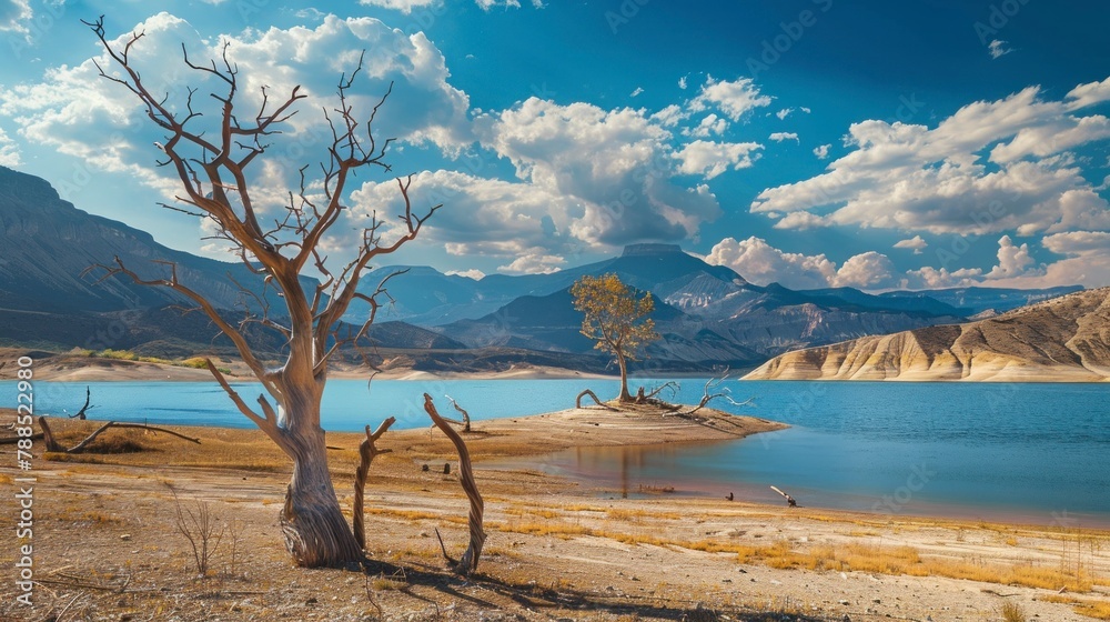 desert landscape of a lake with dry trees surrounded by mountains on a sunny day in high resolution and quality. concept desert landscape, autumn, lake desert landscape of a lake with dry trees surrounded by mountains on a sunny day in high resolution and quality. concept desert landscape, autumn, lake