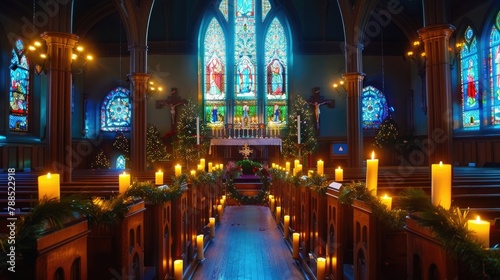 A serene candlelit church scene  with stained glass windows casting colorful patterns of light on wooden pews adorned with festive greenery  offering a tranquil setting for holiday worship and reflect