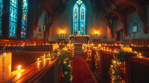 A serene candlelit church scene, with stained glass windows casting colorful patterns of light on wooden pews adorned with festive greenery, offering a tranquil setting for holiday worship and reflect