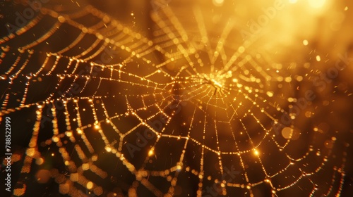 A close up of a spider web with water droplets on it, glistening in the sunlight.