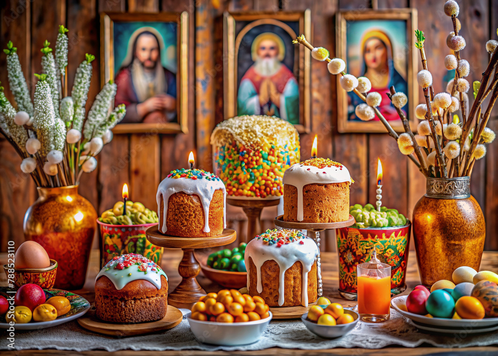 Orthodox Easter. Easter cake, painted eggs, icons, faces of saints, flowers, church candles and Easter decor on a wooden table in an old village house.