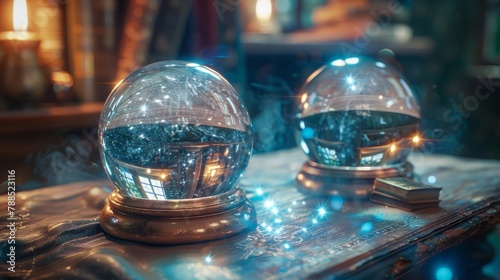 A pair of crystal balls on a table.