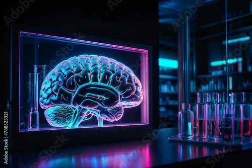 A human brain in the background of a laboratory among test tubes and fluids. #788523321