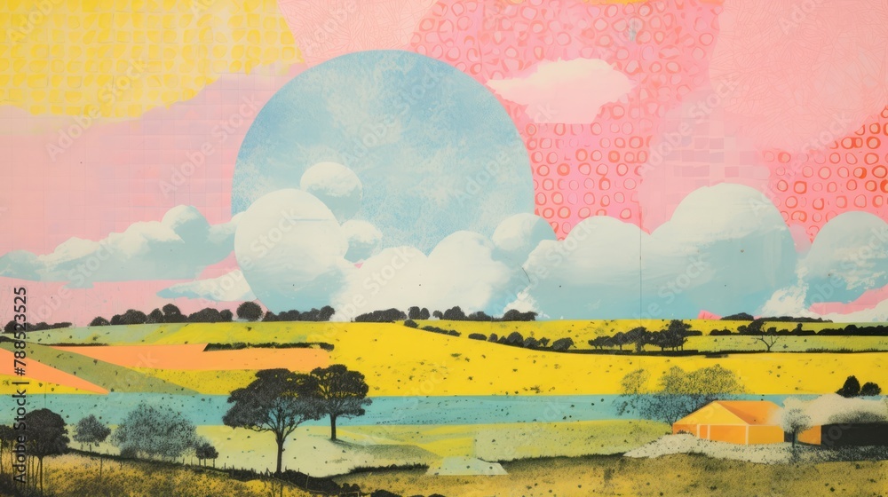Vintage risograph collage of summer landscape, pastel halftone, geometric shapes, abstract grain texture	
