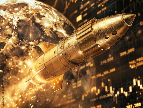 Fototapeta Naklejka Na Ścianę i Meble -  A golden rocket flies over a glowing planet.
