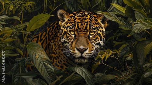 A solitary jaguar  camouflaged among the dense foliage of the Amazon rainforest  its golden eyes gleaming with intelligence as it waits patiently for its next meal.
