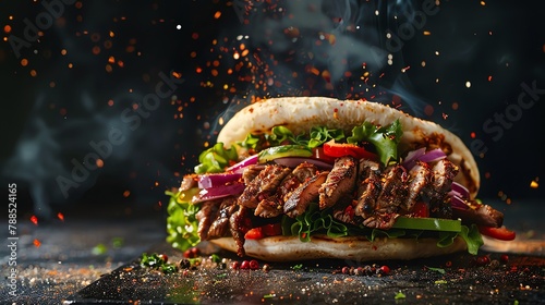 fresh grilled beef turkish or chicken arabic shawarma doner sandwich with flying ingredients and spices hot ready to serve and eat food commercial advertisement menu banner with copy space area