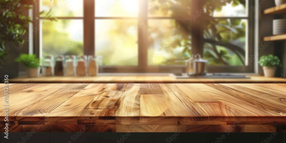 Empty wood tabletop counter on interior blurred kitchen background,for display product concept, empty beige wooden table in kitchen Empty wood tabletop counter on interior blurred kitchen background,for display product concept, empty beige wooden table in kitchen