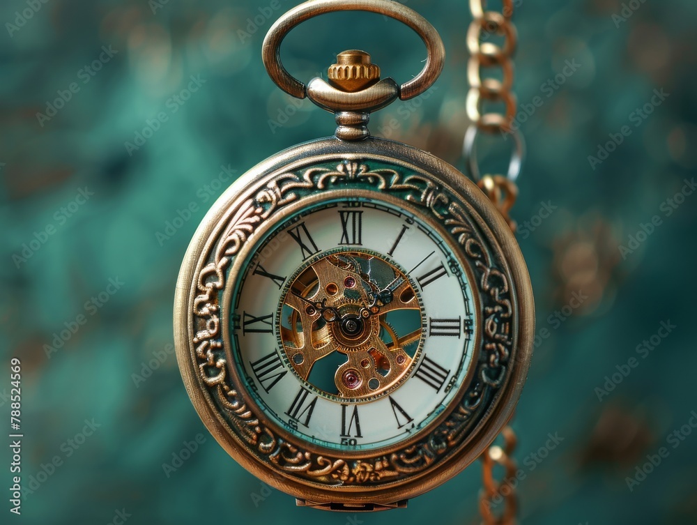 A beautiful gold pocket watch with intricate engravings on the case and a visible balance wheel.