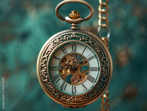 A beautiful gold pocket watch with intricate engravings on the case and a visible balance wheel.