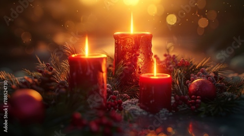 Three red candles are burning brightly, surrounded by a wreath of holly and berries. The candles are casting a warm glow, and the scene is peaceful and serene.