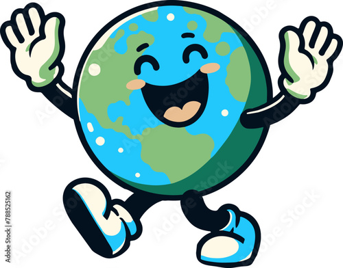 Happy Earth Day planet Earth with retro cartoon character face arms and legs in Vector SVG PNG transparent file