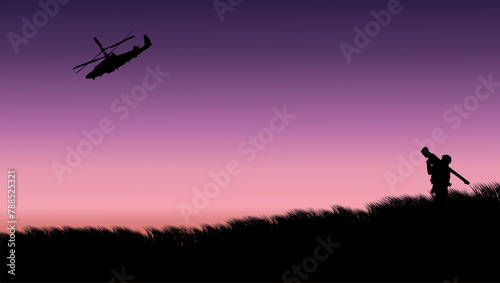 war scene, soldier vs military helicopter,stinger vs helicopter, flat color illustration