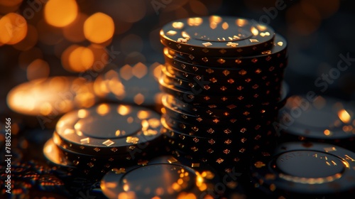 A stack of casino chips with a warm backlight. photo