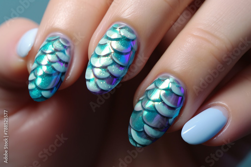 Woman's fingernails with green and blue colored nail polish with mermaid fish scales design