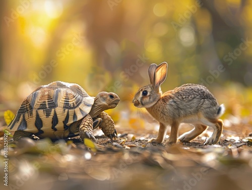 A close-up photograph of a tortoise and a hare staring at each other in a sunlit forest setting.