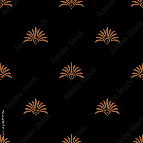 Seamless geometrical pattern with ethnic Ancient Greek palmette motifs. Orange brown floral silhouettes on black background.