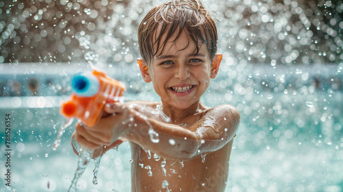 Boy playing with water gun in the pool © mask