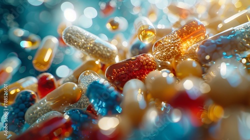 A close-up of a pile of colorful pills and capsules with a blue background.