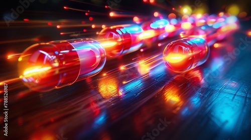 Red and blue glowing pills with light streaks on a dark background