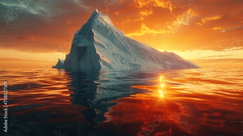 Iceberg floating in the ocean at sunset photo