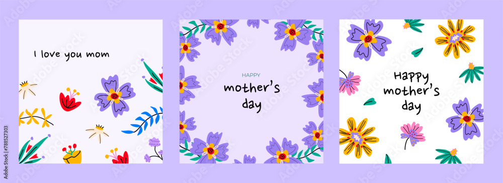 Happy Mothers Day. Set of trendy and colorful vector illustrations. Bold abstract flowers. Design templates for card, banner, invitation.