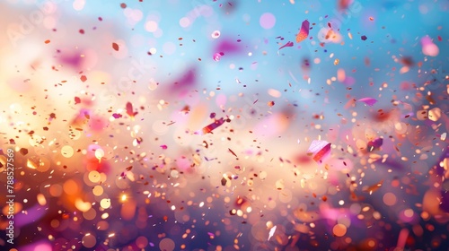 Pink and gold confetti falling from a blue-orange gradient background