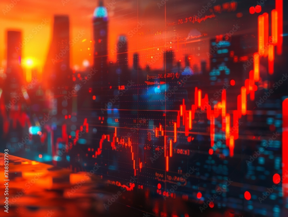 A red and black cityscape with a glowing blue and red stock market graph in the foreground.