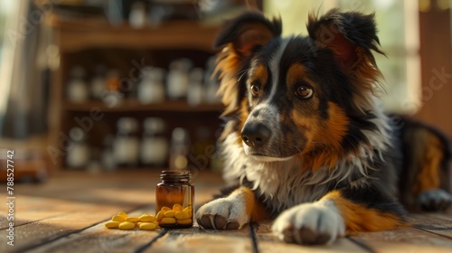 A dog sits next to a bottle of pills, looking at the camera with a curious expression.