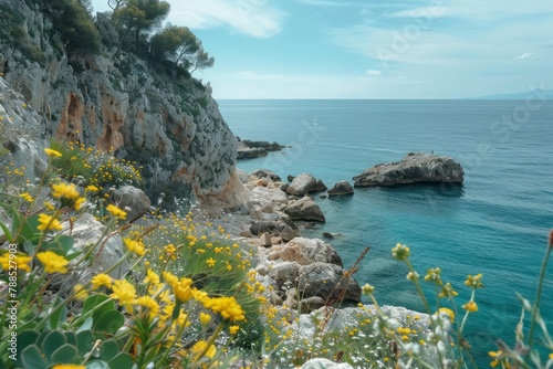 Mediterranean coastline with rocky cliffs and diverse plant species.