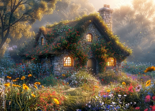 A charming stone cottage, nestled in a vibrant garden, bathed in the soft, golden rays of the morning sun, exuding serene beauty.